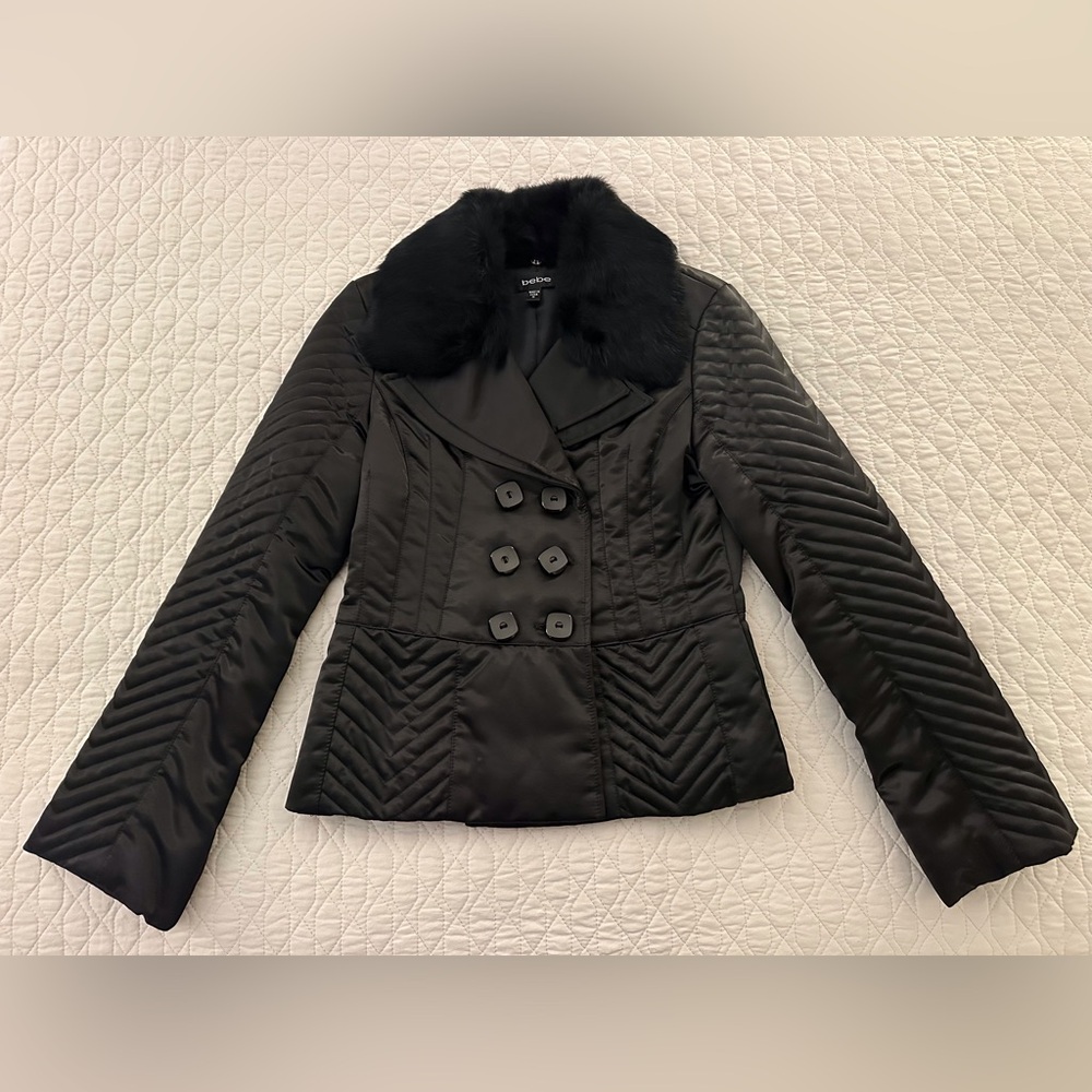 bebe Quilted Puffer Jacket - Black, Real Down Feather and Real Fur Collar